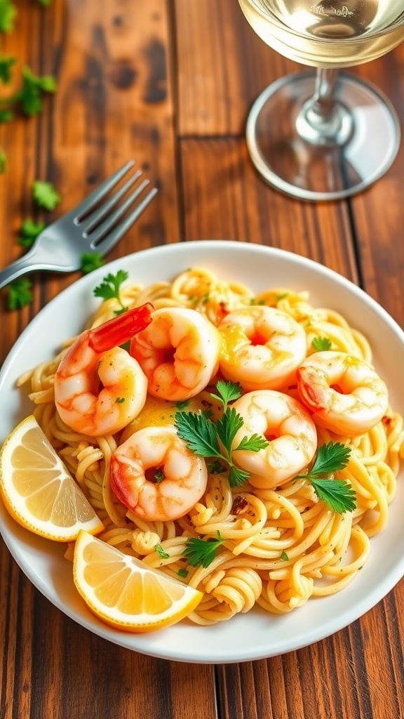 A flavorful garlic butter shrimp orzo dish garnished with parsley and lemon on a rustic table.